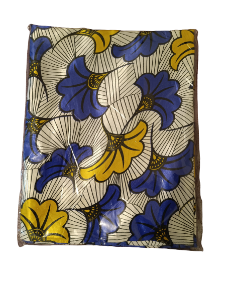 Tissu wax satin soie Fleurs de mariage bleu et jaune